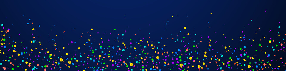 Festive lovely confetti. Celebration stars. Bright confetti on dark blue background. Adorable festive overlay template. Panoramic vector background.