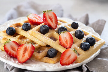 Homemade belgian waffles with berries