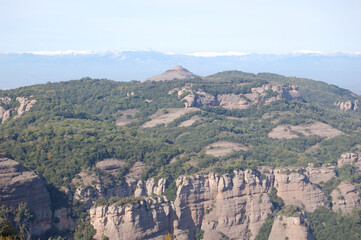 Fototapeta na wymiar Panorama of the forests and mountains of La Mola, in Catalonia, in the province of Barcelona (Spain). Next to Montserrat. Catalonia, El Vallès 