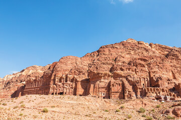 View of the rock with the royal tombs of the ancient city of Petra, Jordan