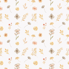 Fototapeta na wymiar Seamless Pattern Plants Flowers White Background Watercolor Illustration Textile