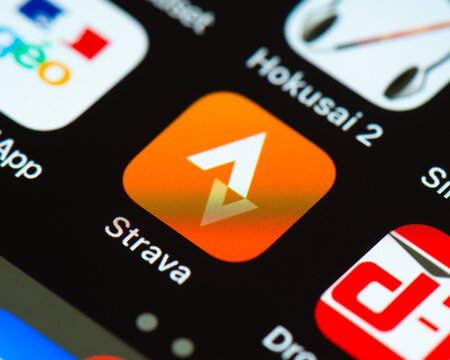 BAYONNE, FRANCE - CIRCA JANUARY 2021: Strava app icon on Apple iPhone screen. Strava is an internet service for tracking exercise. It is mostly used for cycling and running using GPS data.
