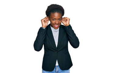 Young african american girl wearing business clothes smiling pulling ears with fingers, funny...