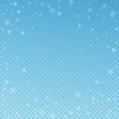 Sparse glowing snow Christmas background. Subtle flying snow flakes and stars on blue transparent background. Amazing winter silver snowflake overlay template. Unique vector illustration.