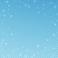 Fototapeta premium Sparse glowing snow Christmas background. Subtle flying snow flakes and stars on blue transparent background. Amazing winter silver snowflake overlay template. Unique vector illustration.
