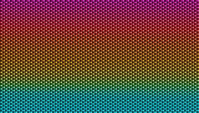 Led screen texture. Pixel digital background. Lcd monitor with dots. Projector grid template. Colorful videowall with bulbs. TV rainbow display. Electronic diode effect. Vector illustration
