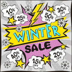 Bright banner for discounts or winter sales in the style of popart. Explosion and clouds. Template for web design, banners, coupons, applications and posters. Vector illustration.