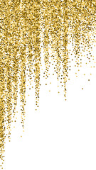 Round gold glitter luxury sparkling confetti. Scattered small gold particles on white background. Emotional festive overlay template. Nice vector background.