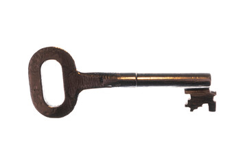 Old-fashioned metal key on an isolated white background