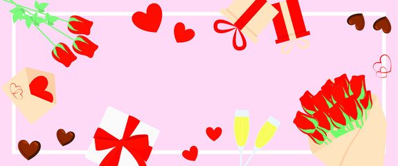 Long pink Valentine's day banner. Flat lay, place for text, copy space. Vector illustration. Eps 10