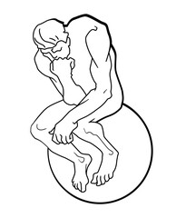 Man is sitting on the ball. Man props his head with his hand. Thoughtful thinker. Sign. Vector illustration.