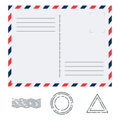 Postcard in air mail style with paper texture and rubber stamps on white background. Vector illustration. - obrazy, fototapety, plakaty