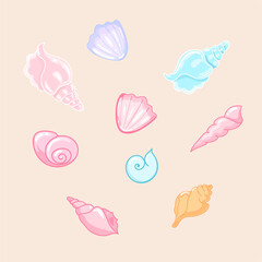 Seashells vector illustrations. Colorful cartoon shelll