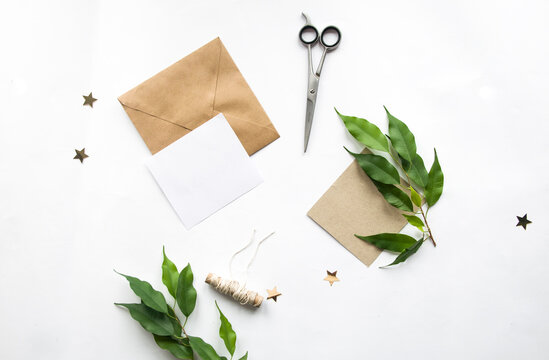 Brown grey develope with white card with space for text. Postcard, greeting or invitation card.