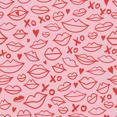 Doodle lips shapes background Valentine's Day kiss seamless pattern Linear woman mouth backdrop Romantic red pink feminine design. Vector illustration - obrazy, fototapety, plakaty