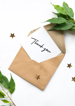 Envelope with text Thank You. Letter, postcard, invitation, congratulation, thanks