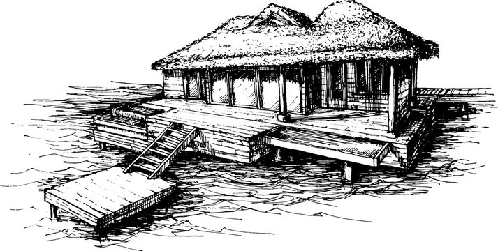 overwater villa with private pool sketchy monochromatic image. bungalow on water. banner, logo, concept, resort, label 