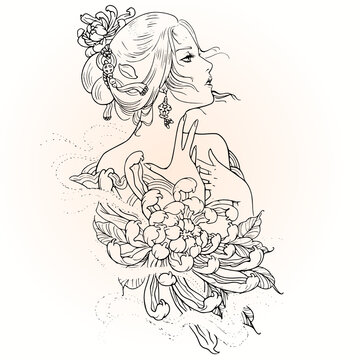 geisha girl with flowers tattoo