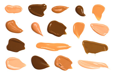 Swatches of Various Colored Liquid Foundation on a White Background