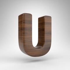 Letter U uppercase on white background. Dark oak 3D rendered font with brown wood texture.