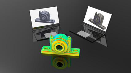 3D rendering - design an industrial bearing housing on a laptop