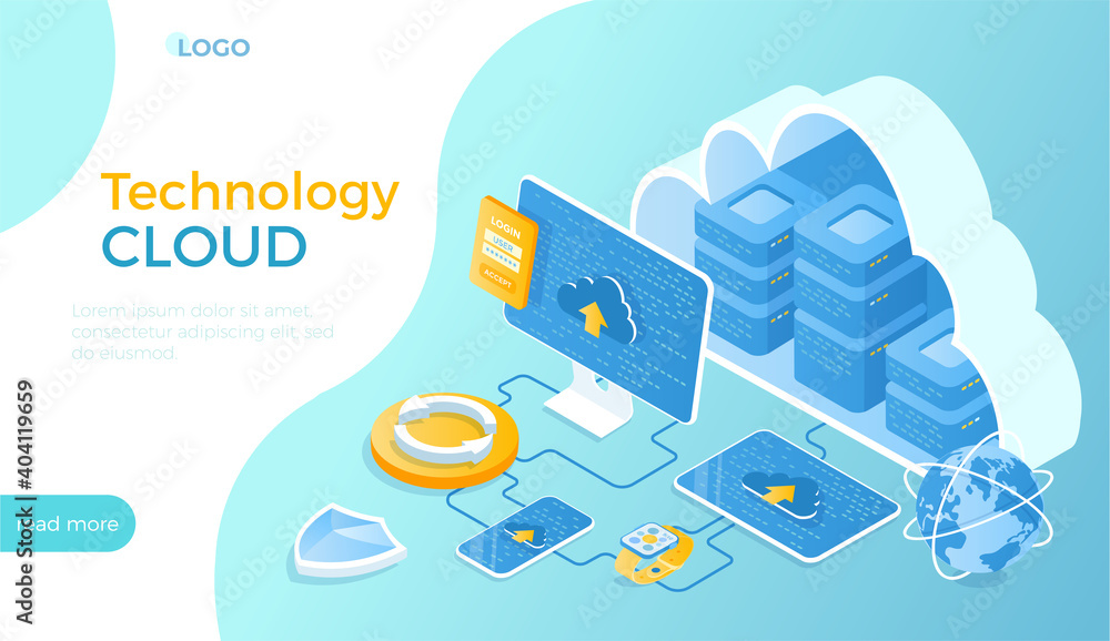Poster cloud technology. software and services, cloud computing, data storage, online hosting. server racks