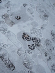 Shoeprints in snow - danger walking in the snow. Footprints Texture.
