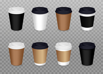 Vector Realistic set of Coffee Cups isolated on transparent background. Mockup. Vector 3D emplate. akeaway offee. Paper or Plastic Disposable Packaging. EPS10.