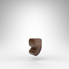 Coma symbol on white background. Dark oak 3D rendered sign with brown wood texture.