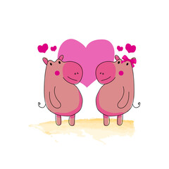 Hand drawn illustration couple animal hippopotamus design vector