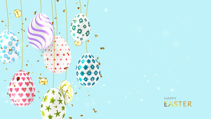 Happy Easter  background with realistic colourful decorated eggs. Template for greeting card, ad, sales, poster.