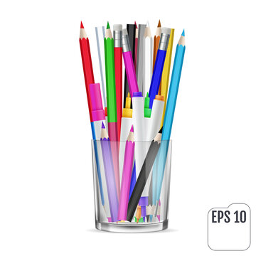Colored pencils and felt-tip pencils in a glass