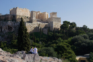 Athens, Greece - January 9 2021: People enjoying the view to the Acropolis