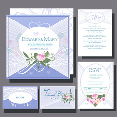 Wedding invitation card with roses flowers, rsvp card, menu design, Basic CMYK