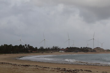 a beach and a wind farm 