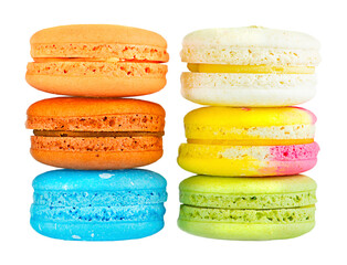 Multicolored macarons isolated on white background.