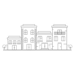 City street - modern thin line design style vector illustration on white background. Pink colored high quality composition with facades of houses, apartment buildings, church, tree, shop, citizens