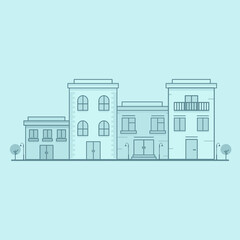 Naklejka premium City street - modern thin line design style vector illustration on white background. Pink colored high quality composition with facades of houses, apartment buildings, church, tree, shop, citizens