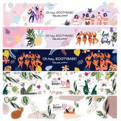 Set of abstract body positive illustration package design tropical girly leaves