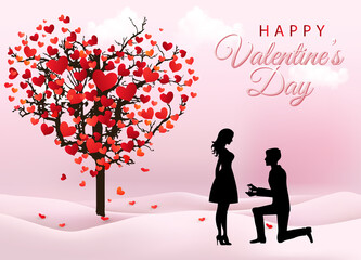 Fototapeta na wymiar card or banner on Valentine's Day in red and pink with a man and a woman in black and next to a tree with leaves in the shape of a heart on a gradient pink background
