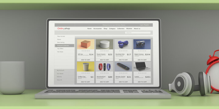Online shop website design template on a computer monitor, office desk background. 3d illustration