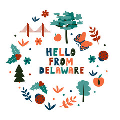 USA collection. Hello from Delaware theme. State Symbols round shape card