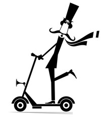 Mustache man in the top hat rides on scooter illustration. Long mustache gentleman in the top hat riding ecologically clean urban vehicle black on white
