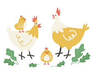 Two cute clocking hen standing with two yellow chickens . Funny moms and baby birds. Colorful textured flat vector illustration isolated on white background.