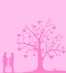Obraz na płótnie Canvas Postcard with the image of silhouettes of a couple and a tree. A gift for Valentine's Day.