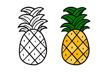 Doodle, hand drawn, cartoon pineapples. Colorfed pineapple icon and outlined.
