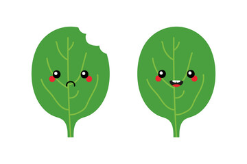 Cute cartoon style green spinach leaves characters, happy smiling and sad with bite mark.