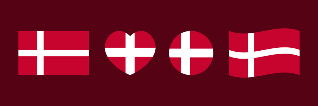 Set, Collection Of Design Elements With Flags Of Denmark In Different Shapes For Flag Day And Other Danish National Holidays.