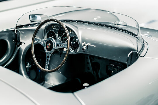 STUTTGART, Germany 6 March 2020: The Porsche 550 Spyder 1956. Dashboard, Steering wheel and speedometer. Interior details.