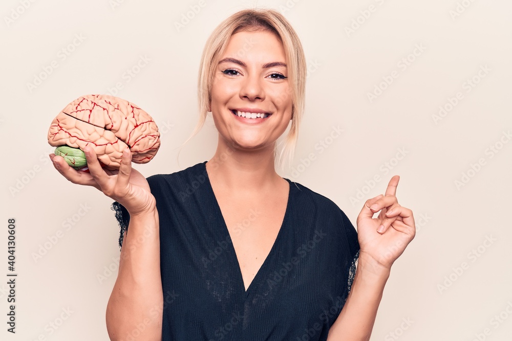 Wall mural young beautiful blonde woman asking for care memory holding brain over white background smiling happ